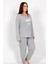 Kadın Büyük Beden Gri Uzun Kollu Yuvarlak Yaka Oval Etek Pamuklu Pijama Takımı Tam Kalıp 2