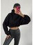 Siyah Kapşonlu Geniş Kesim Şardonlu Crop Sweatshirt 26260 3