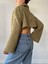 Haki Balıkçı Yaka Crop Oversize Pelüş Sweatshirt 26252 3