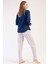 Kadın Lacivert Gri Uzun Kollu Yuvarlak Yaka Oval Etek Pamuklu Pijama Takımı Tam Kalıp 1