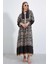 Kadın Siyah Bej Desenli Bileği Lastikli Düğmeli Uzun Viskon Elbise Hzl24S-Bd124231 1