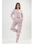 Kadın Bej Kırmızı Uzun Kollu Yarım Düğmeli Yuvarlak Yaka Oval Etek Pamuklu Pijama Takımı Tam Kalıp 2