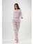 Kadın Bej Kırmızı Uzun Kollu Yarım Düğmeli Yuvarlak Yaka Oval Etek Pamuklu Pijama Takımı Tam Kalıp 4