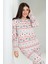 Kadın Bej Kırmızı Uzun Kollu Yarım Düğmeli Yuvarlak Yaka Oval Etek Pamuklu Pijama Takımı Tam Kalıp 5