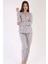 Kadın Bej Lacivert Uzun Kollu Yarım Düğmeli Yuvarlak Yaka Oval Etek Pamuklu Pijama Takımı Tam Kalıp 3