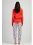 Kadın Kırmızı Gri Uzun Kollu Yuvarlak Yaka Oval Etek Pamuklu Pijama Takımı Tam Kalıp 3