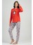 Kadın Kırmızı Gri Uzun Kollu Yuvarlak Yaka Oval Etek Pamuklu Pijama Takımı Tam Kalıp 5