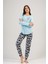 Kadın Mavi Uzun Kollu Yuvarlak Yaka Oval Etek Pamuklu Pijama Takımı Tam Kalıp 2