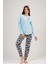 Kadın Mavi Uzun Kollu Yuvarlak Yaka Oval Etek Pamuklu Pijama Takımı Tam Kalıp 3