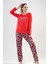 Kadın Kırmızı Uzun Kollu Yuvarlak Yaka Oval Etek Pamuklu Pijama Takımı Tam Kalıp 5