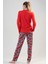 Kadın Kırmızı Uzun Kollu Yuvarlak Yaka Oval Etek Pamuklu Pijama Takımı Tam Kalıp 5