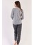 Kadın Gri Uzun Kollu Yuvarlak Yaka Geyik Desenli Oval Etek Pamuklu Pijama Takımı Tam Kalıp 1