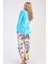 Kadın Mavi Welsoft Yuvarlak Yaka Uzun Kollu Cepli Manşetli Desenli Pijama Takımı 3