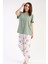 Kadın Yeşil Kısa Kollu Çiçek Desenli Bisiklet Yaka Oval Etek Süprem Pijama Takımı 1