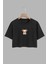 Kadın Tatlı Bebek Keçi Tasarım Baskılı Pamuk Sıyah Oversize Crop 1