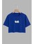 Kadın Chill Tasarım Baskılı Pamuk Saks Mavi Oversize Crop 1