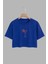 Kadın Visne Kokteyl Tasarım Baskılı Pamuk Saks Mavi Oversize Crop 1