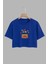 Kadın Cicekli Kaset Tasarım Baskılı Pamuk Saks Mavi Oversize Crop 1