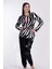 Kadın Welsoft Siyah Beyaz Zebra Desenli Yuvarlak Yaka Manşetli Uzun Kollu Pijama Takımı 3
