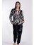Kadın Welsoft Siyah Beyaz Zebra Desenli Yuvarlak Yaka Manşetli Uzun Kollu Pijama Takımı 4