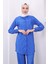 Saks Mavi Kol Lastikli Piliseli Tunik Pantolon Takım 3