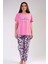 Kadın Pembe Kısa Kollu Çiçek Desenli Bisiklet Yaka Oval Etek Süprem Pijama Takımı 1