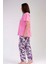 Kadın Pembe Kısa Kollu Çiçek Desenli Bisiklet Yaka Oval Etek Süprem Pijama Takımı 2