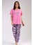 Kadın Pembe Kısa Kollu Çiçek Desenli Bisiklet Yaka Oval Etek Süprem Pijama Takımı 3