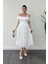 Üç Boyut Çiçekli Kumaş Kayık Yaka Midi Elbise - Beyaz 1