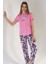 Kadın Pembe Kısa Kollu Desenli Bisiklet Yaka Oval Etek Süprem Pijama Takımı 3
