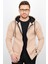 Üç Iplik Şardonlu Pamuklu Fermuarlı Kapüşonlu Sweatshirt Hırka Bej CZN03 1