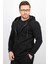Üç Iplik Şardonlu Pamuklu Fermuarlı Kapüşonlu Sweatshirt Hırka Siyah CZN03 1