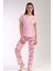 Kadın Pembe Kısa Kollu Desenli Bisiklet Yaka Oval Etek Süprem Pijama Takımı 2