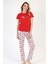 Kadın Kırmızı Gri Kısa Kollu Desenli Bisiklet Yaka Oval Etek Süprem Pijama Takımı 1