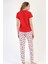Kadın Kırmızı Gri Kısa Kollu Desenli Bisiklet Yaka Oval Etek Süprem Pijama Takımı 4