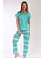 Kadın Su Yeşili Kısa Kollu Desenli Bisiklet Yaka Oval Etek Süprem Pijama Takımı 1