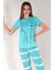 Kadın Su Yeşili Kısa Kollu Desenli Bisiklet Yaka Oval Etek Süprem Pijama Takımı 5