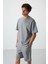 Gri Melanj Pamuklu Kalın Yumuşak Dokulu Oversize Fit Nakışlı Erkek Şort Takım - 85250 4