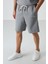 Gri Melanj Pamuklu Kalın Yumuşak Dokulu Oversize Fit Nakışlı Erkek Şort Takım - 85250 5