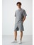 Gri Melanj Pamuklu Kalın Yumuşak Dokulu Oversize Fit Nakışlı Erkek Şort Takım - 85250 2