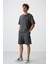 Haki Pamuklu Kalın Yumuşak Dokulu Oversize Fit Nakışlı Erkek Şort Takım - 85250 1