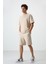 Bej Pamuklu Kalın Yumuşak Dokulu Oversize Fit Nakışlı Erkek Şort Takım - 85250 1