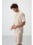 Bej Pamuklu Kalın Yumuşak Dokulu Oversize Fit Nakışlı Erkek Şort Takım - 85250 3