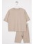 Bisiklet Yaka Kısa Kol Fıtıllı Oversıze Taytlı Bej Renk Kız Cocuk Taytlı Takım 1