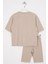 Bisiklet Yaka Kısa Kol Fıtıllı Oversıze Taytlı Bej Renk Kız Cocuk Taytlı Takım 2