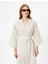Oversize Keten Kimono Kalça Boy Geniş 3/4 Kol Kuşak Detaylı 3