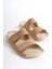Hakiki Deri Summer Kadın Çift Bantlı Nubuk Özel Taban Bej Terlik - MSSR26-BJ 2