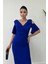 Atlas Kumaş Büzgü Detaylı Kalem Elbise - Saks Mavi 3