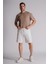 Erkek Yandan Cepli Beli Lastikli Dokulu Kumaş Relaxed Fit Jogger Şort Ekru 2