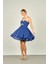 Kadın Straplez Pencere Detaylı Şifon Mini Abiye Elbise 4597 Indigo 4